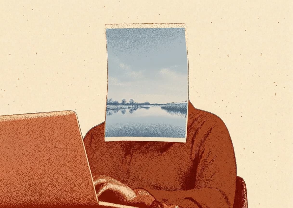 Illustration of a person at a laptop, with a calm landscape where their face would be.