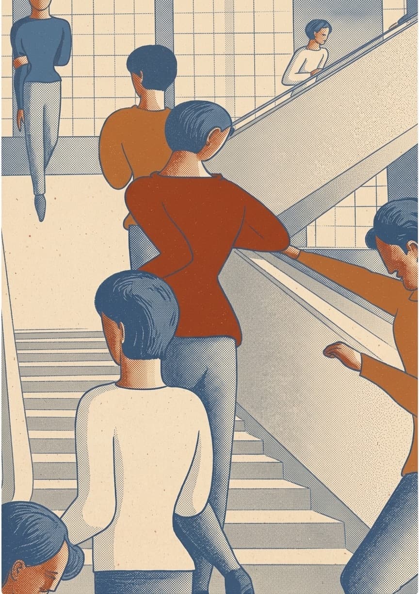 An illustration of people on a staircase, seen from behind, the nearest in a red top with a hand on the rail.